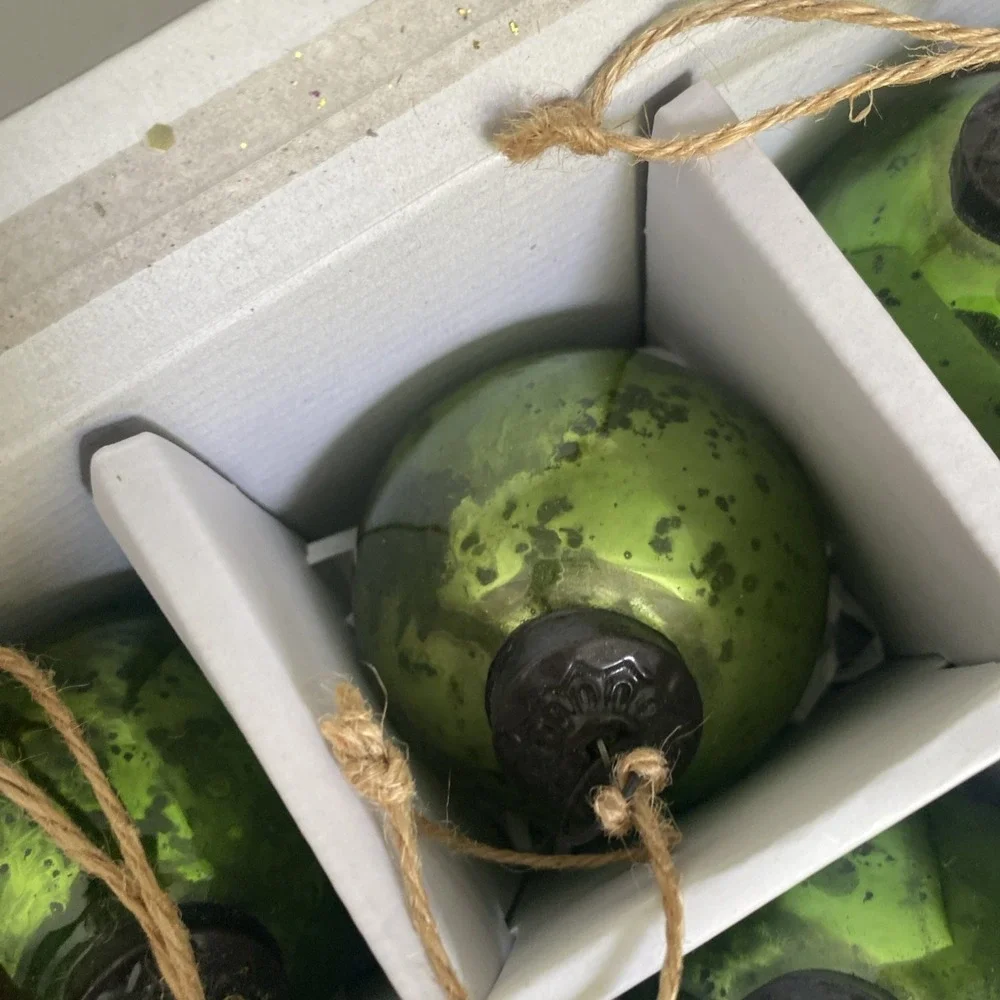 Pottery Barn Mercury Glass Ball Ornaments Set of 6 Green w/ Box